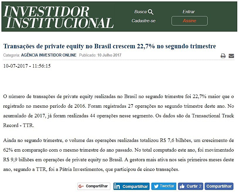 Transaes de private equity no Brasil crescem 22,7% no segundo trimestre